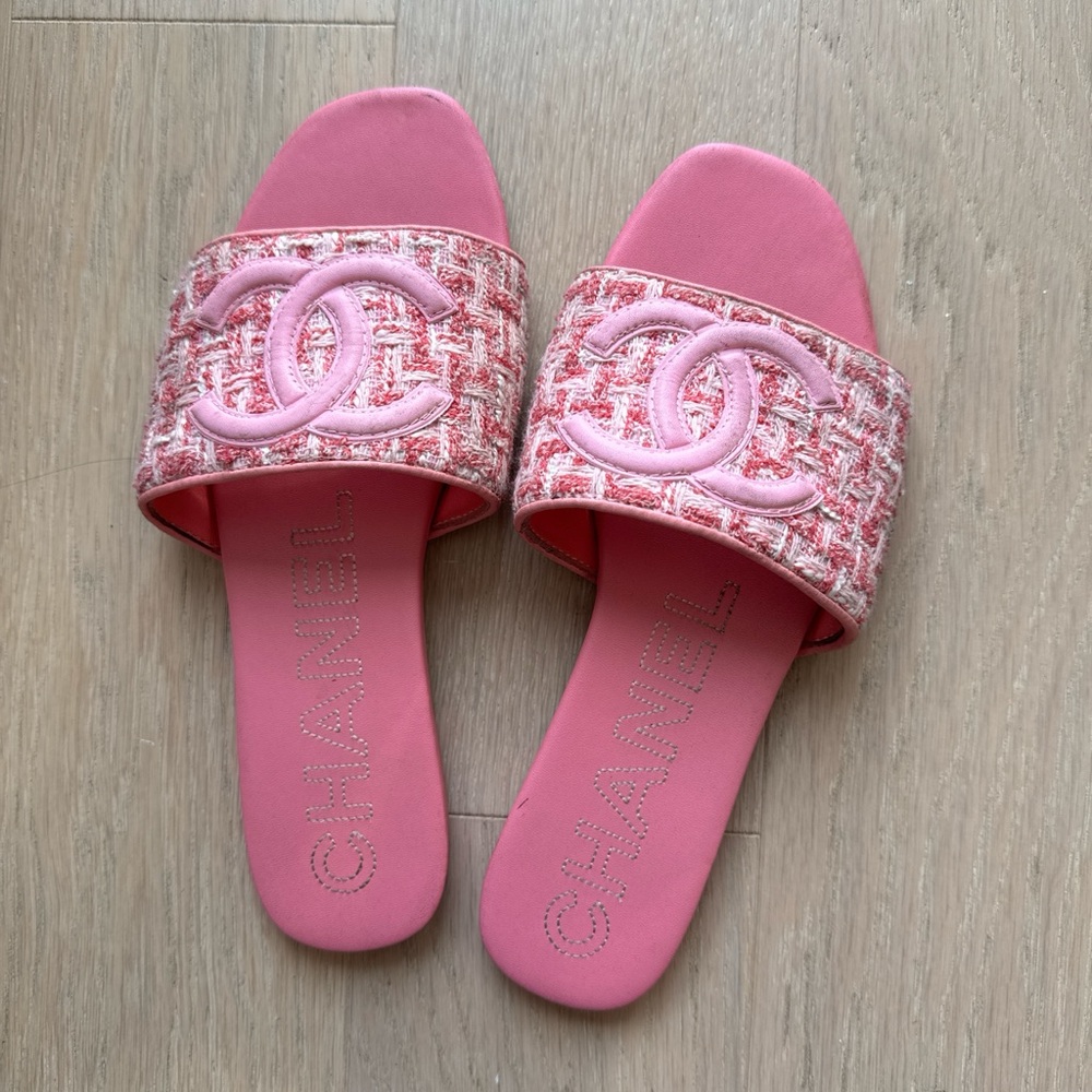 Chanel Pink Tweed Slide Sandals